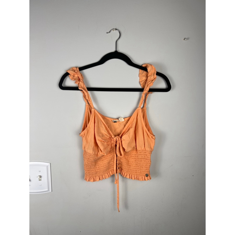 Roxy Smocked Crop Top Tie Front Button Detail Orange Peach Sleeveless Size L